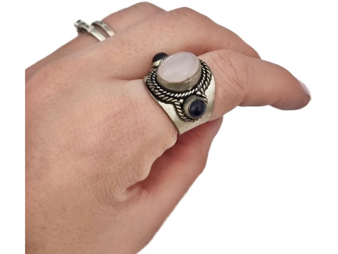 Vintage Silver Onyx Ring, Antique Afghan Jewellery, Boho Statement Crystal Stone Ring, Handmade Tibetan, Kuchi Turkmen Tribal Fashion