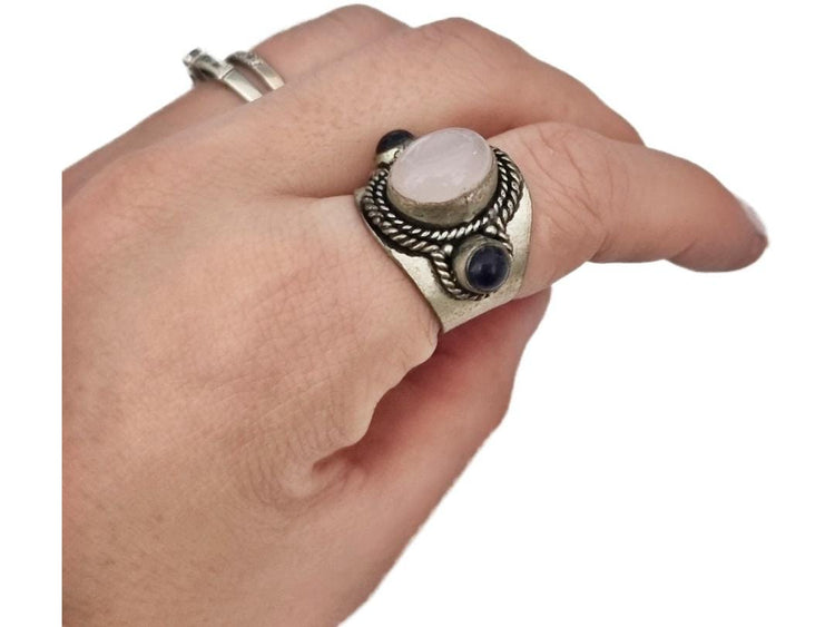 Vintage Silver Onyx Ring, Antique Afghan Jewellery, Boho Statement Crystal Stone Ring, Handmade Tibetan, Kuchi Turkmen Tribal Fashion