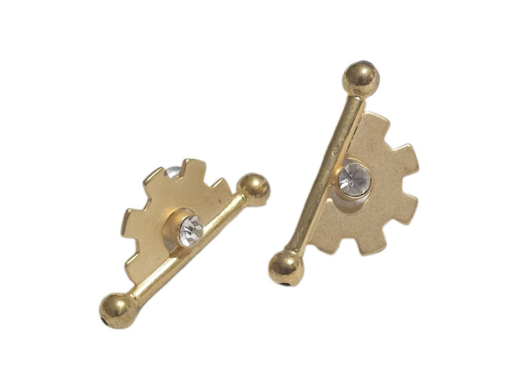 Minimalist Gold Gear Stud Earrings, Small Rhinestone Studs, Geometric Half Moon Design, Industrial Gear Machine Jewellery