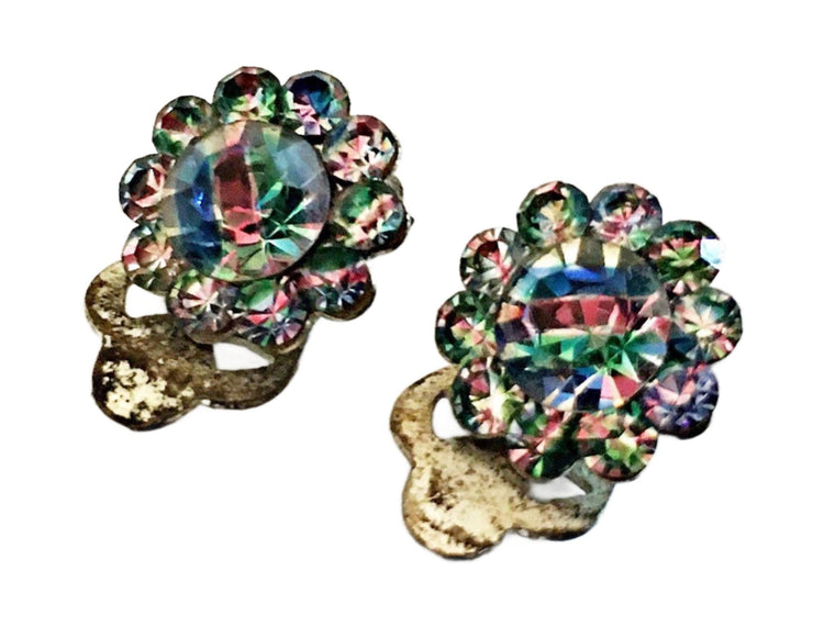 Tiny Rainbow Rhinestone Clip On Earrings | 1950s True Vintage Jewellery | Multicolour Glass Studs | Minimalist Retro Earrings