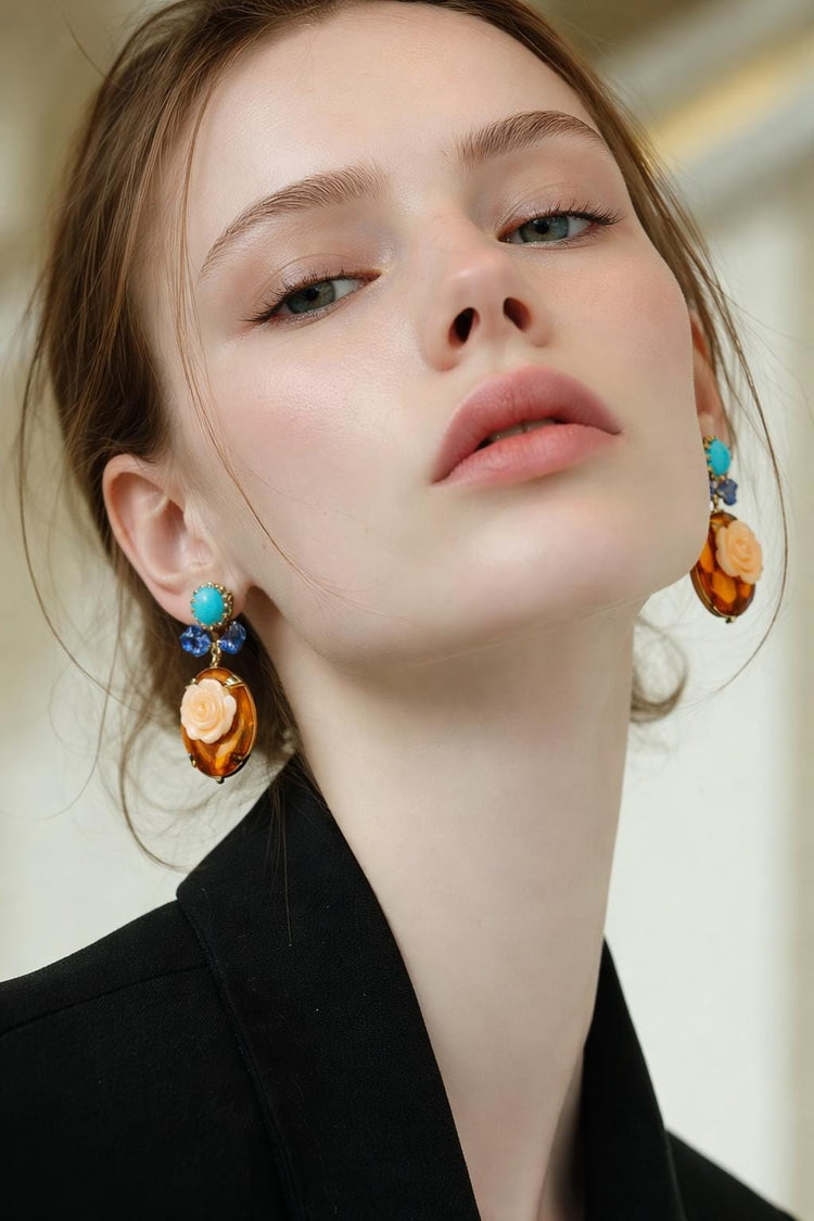 Vintage Floral Drop Earrings with Peach Rose Cabochons and Blue Crystal Accents, Boho Dangle Earrings, Elegant Jewellery