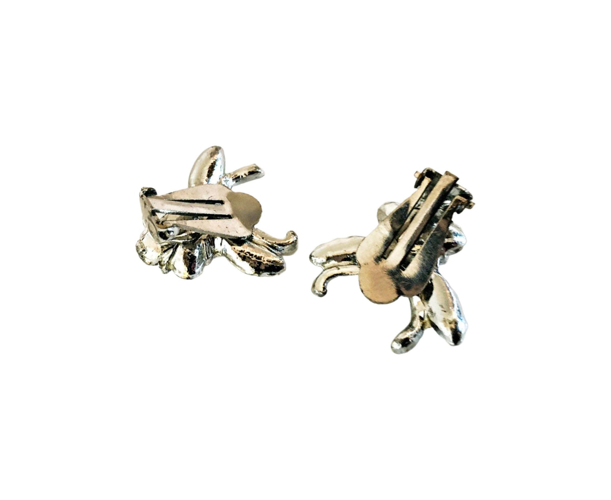 Vintage Rhinestone Flower Clip On Earrings, Silver Tone Floral Jewellery, Retro Sparkle Studs, Elegant Fashion Accessory
