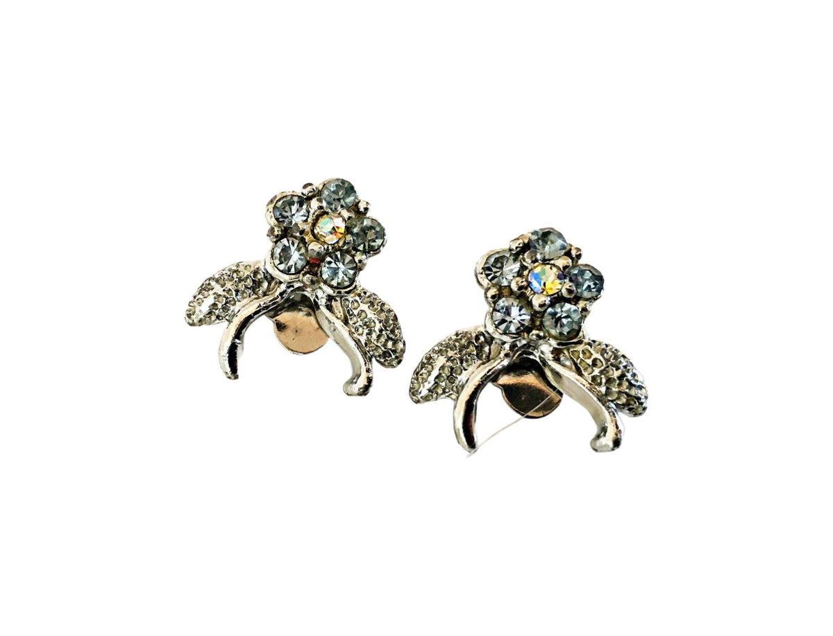 Vintage Rhinestone Flower Clip On Earrings, Silver Tone Floral Jewellery, Retro Sparkle Studs, Elegant Fashion Accessory