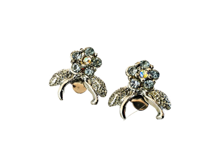 Vintage Rhinestone Flower Clip On Earrings, Silver Tone Floral Jewellery, Retro Sparkle Studs, Elegant Fashion Accessory