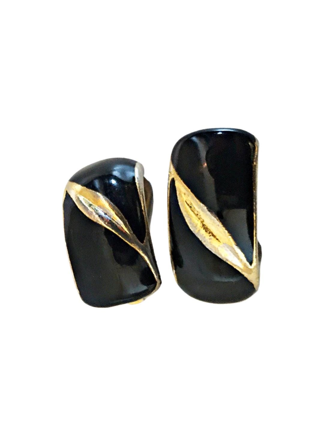 Vintage Gold & Black Enamel Clip On Earrings, 80s 90s Statement, Geometric Runway Jewellery
