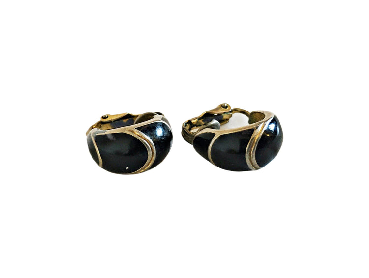 Vintage Silver Huggies Clip On Earrings, Small Black Enamel Studs, 80s 90s Statement, Cool Geometric Jewellery