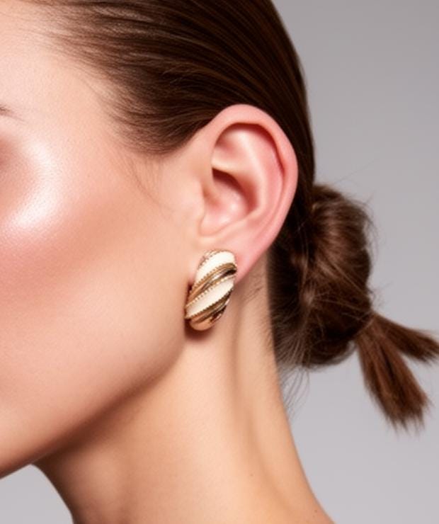 Gold Enamel Clip On Earrings, Vintage Huggie Hoops, 1980s Geometric Statement Drop Earrings