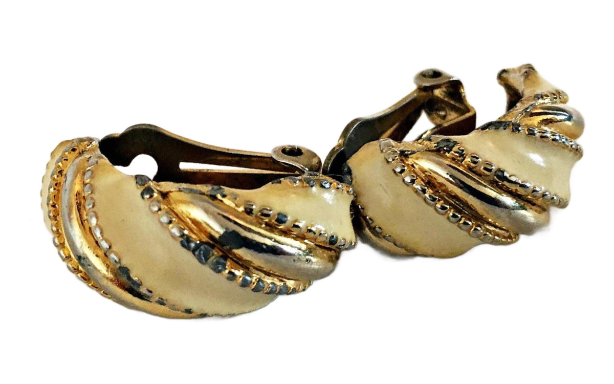 Gold Enamel Clip On Earrings, Vintage Huggie Hoops, 1980s Geometric Statement Drop Earrings