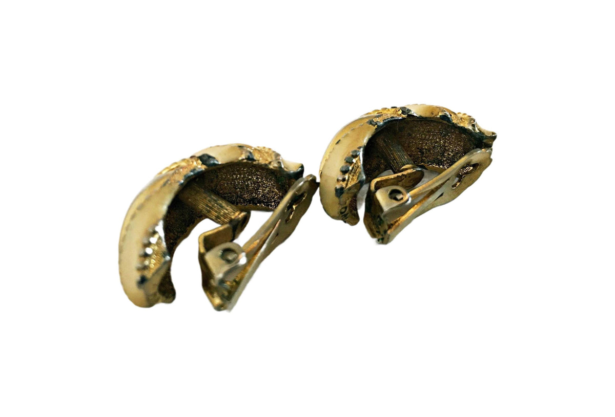 Gold Enamel Clip On Earrings, Vintage Huggie Hoops, 1980s Geometric Statement Drop Earrings