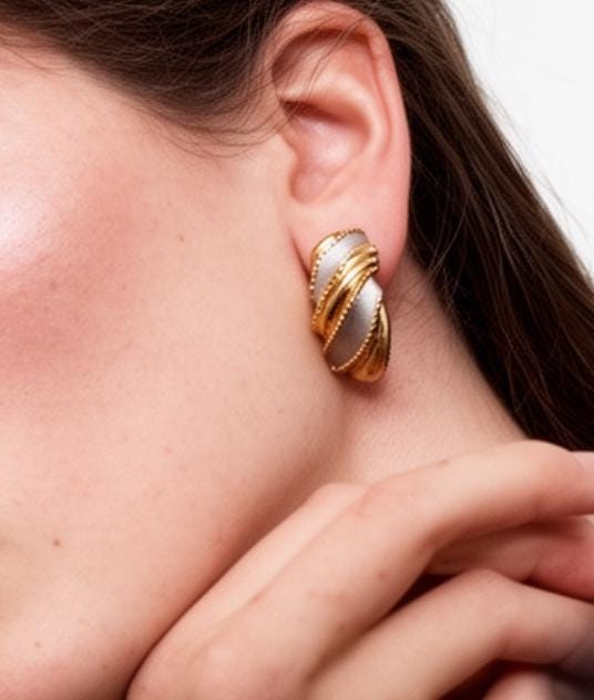 Gold Silver Enamel Clip On Earrings, Vintage Huggie Hoops, 1980s Geometric Statement Drop Earrings