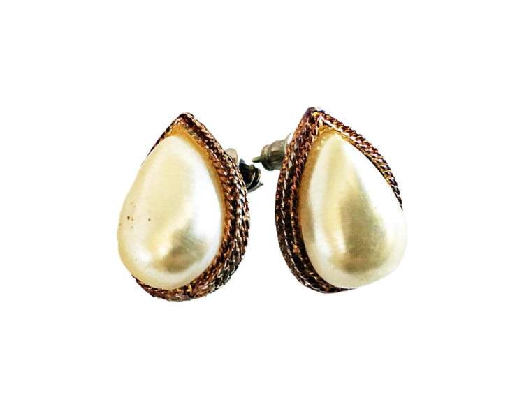 Gold Pearl Teardrop Stud Earrings, Vintage Bridal Jewellery, Elegant Wedding Accessories, 80s 90s Accessories