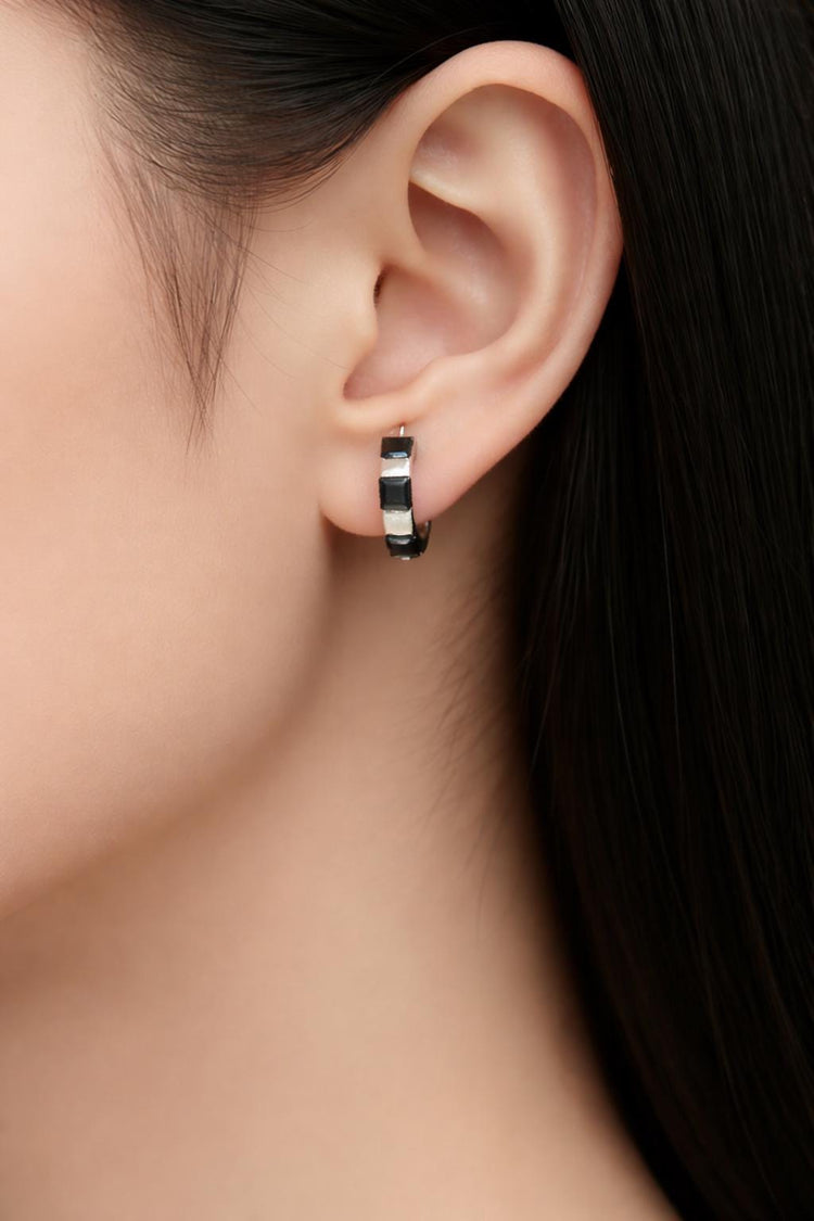 Elegant Silver Hoop Earrings with Black Stones, Vintage Huggie Earrings, Bridal or Everyday Style Jewellery