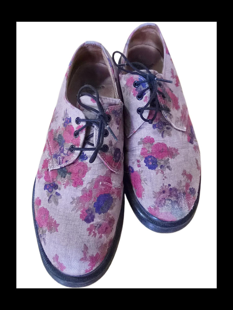 Floral Lace Up Shoes, Vintage Boho Footwear, Hippie Flower Boots, Leather Fabric Shoes, Retro 90s Style, EU 39 UK 6 US 8