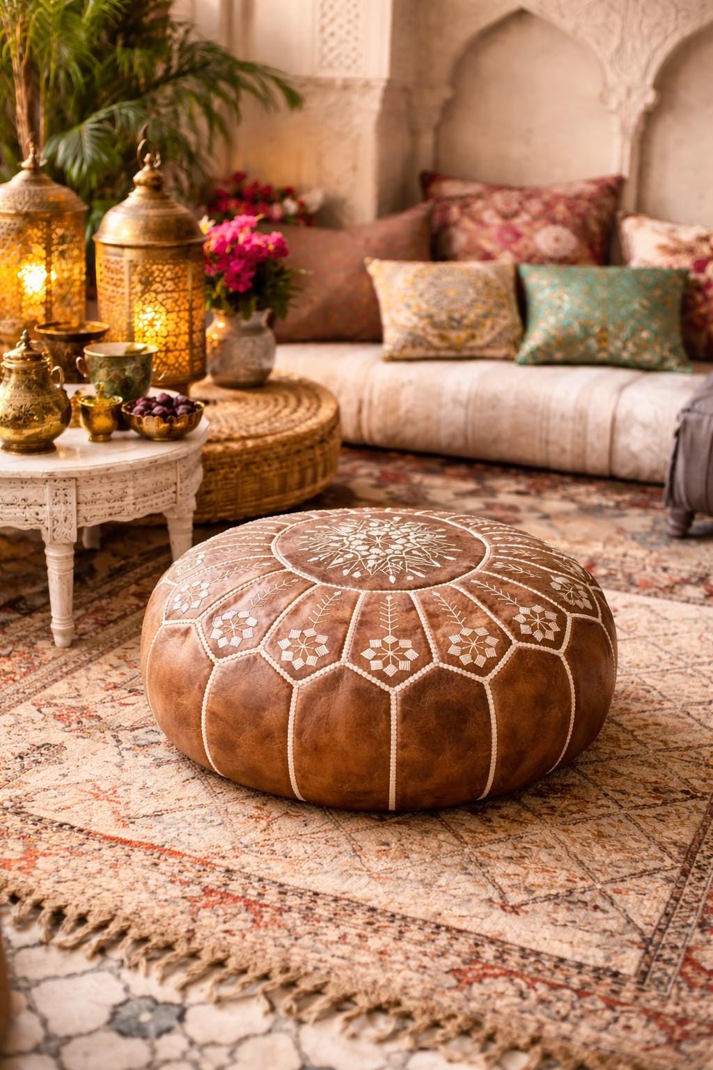 Handmade Moroccan Leather Pouf Ottoman – Boho Floor Cushion & Footstool (Unstuffed)