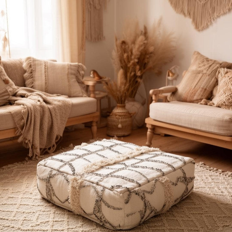 Vintage Moroccan Kilim Pouf Ottoman, Upcycled Tribal Carpet Pouffe, Large Rectangular Floor Cushion, Neutral Boho Décor
