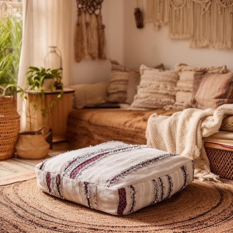 Large Moroccan Kilim Pouf Ottoman, Vintage Rug Floor Cushion, Neutral Boho Home Décor, Upcycled Tribal Carpet Pouffe