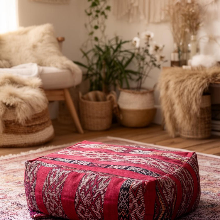 Moroccan Ottoman Pouf, Upcycled Vintage Kilim Carpet, Tribal Rug Floor Cushion, Boho Home Décor