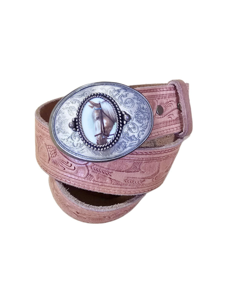Tooled Leather Western Belt with Silver Horse Buckle, Cowboy Accessories for Women, Cowgirl Equestrian Style