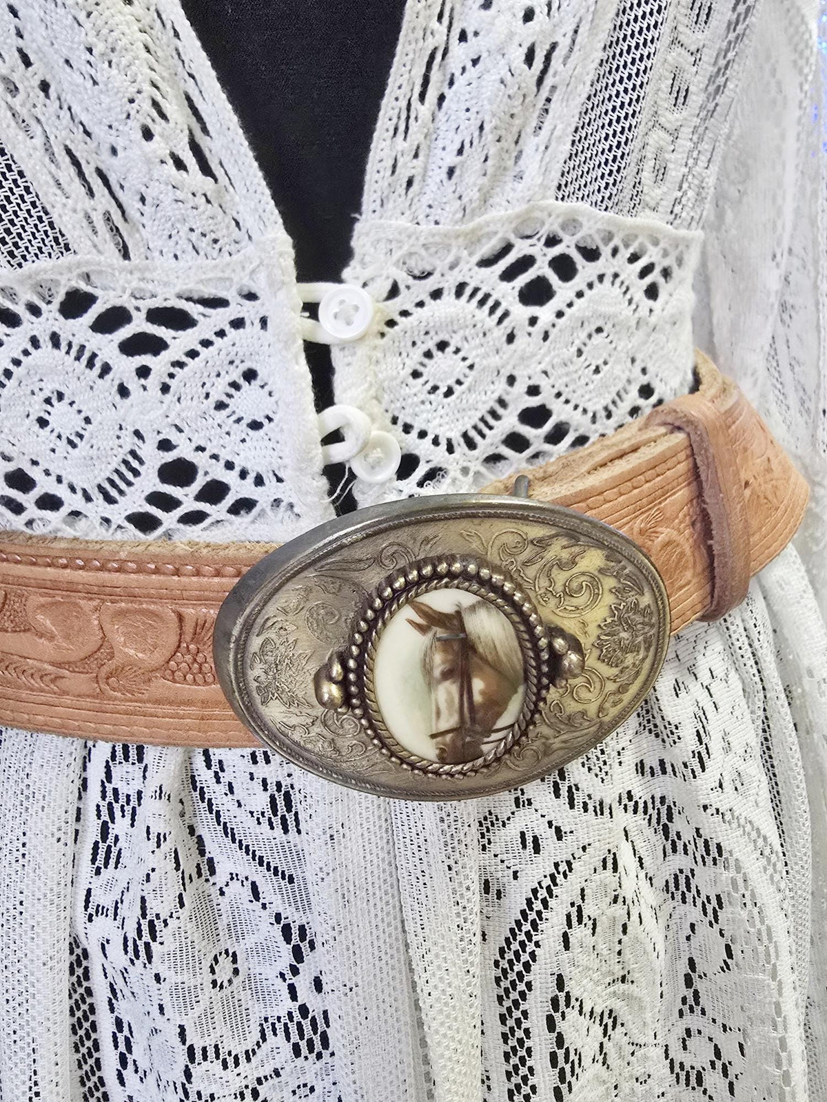 Tooled Leather Western Belt with Silver Horse Buckle, Cowboy Accessories for Women, Cowgirl Equestrian Style
