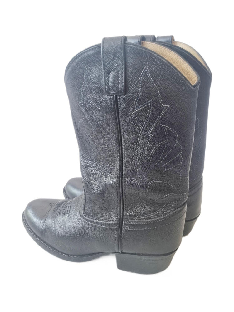 Vintage Cowboy Boots UK 3.5: Black Leather Western Shoes  36.5-37, Rodeo Outfit, Unisex Children Boots for Girls and Boys