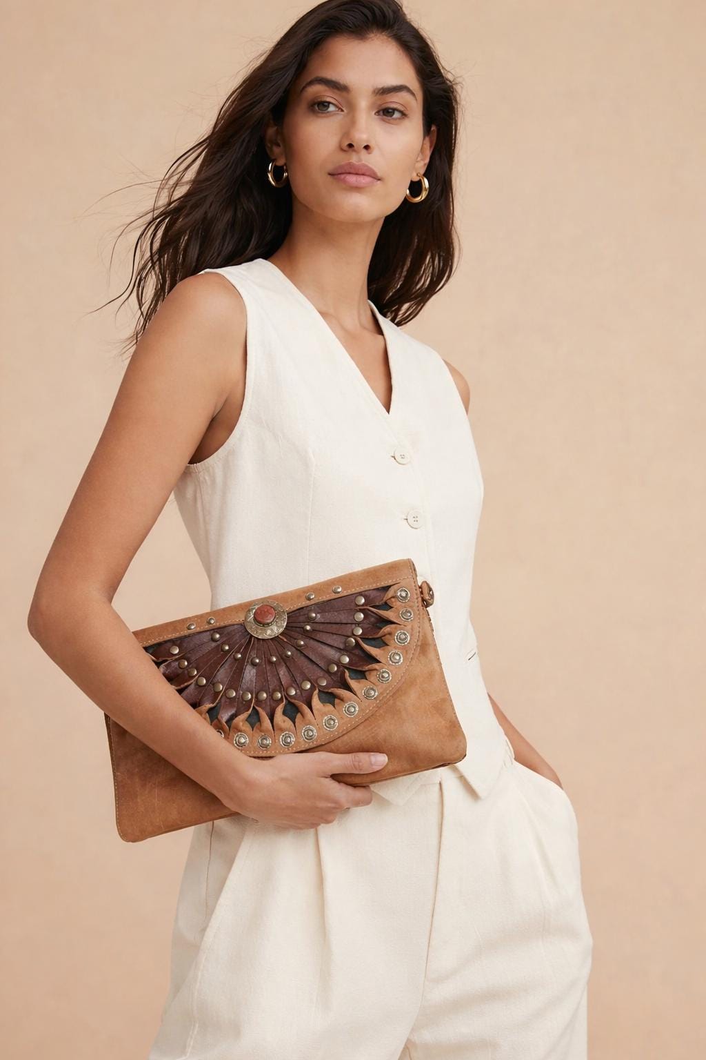 Half Moon Leather Satchel: Boho Studded Clutch Bag