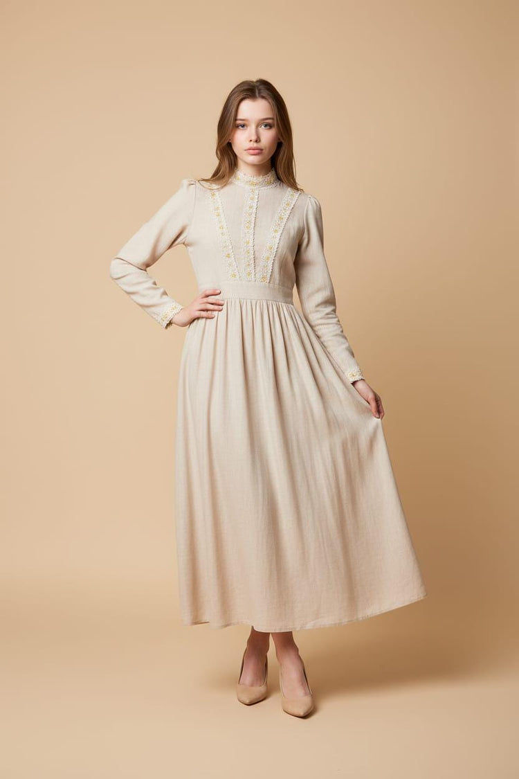 Antique Victorian Edwardian Prairie Maxi Dress for Girls 7-9 years, White Apron Dress – Handmade Cottagecore Gown, Children Theatre Costume