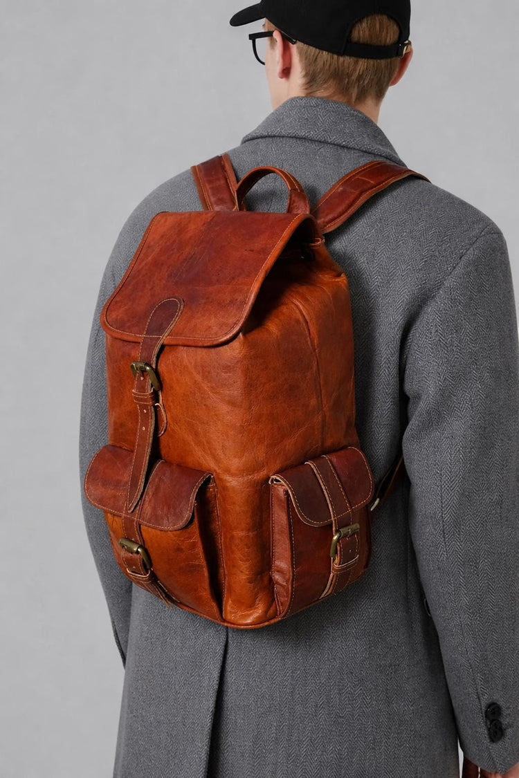 Large Leather Travel Backpack: 16" Unisex Rucksack, Laptop Bag