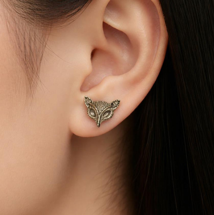 Fox Head Stud Earrings – Antique Brass Look Animal Earrings, Tiny Fox Studs, Cute Woodland Jewelry, Boho Punk Kawaii Gift for Her