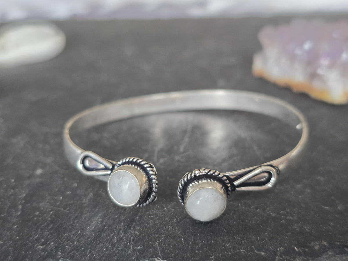 Boho Moonstone 925 Sterling Silver Cuff Bracelet, Slim Filigree Bangle, Vintage Bohemian Jewellery, Gift for Her
