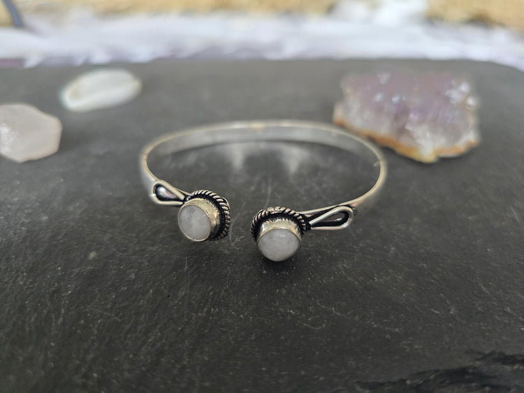 Boho Moonstone 925 Sterling Silver Cuff Bracelet, Slim Filigree Bangle, Vintage Bohemian Jewellery, Gift for Her
