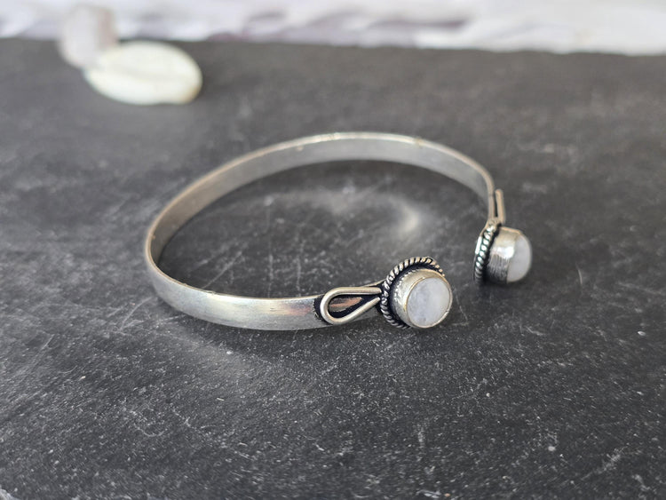 Boho Moonstone 925 Sterling Silver Cuff Bracelet, Slim Filigree Bangle, Vintage Bohemian Jewellery, Gift for Her