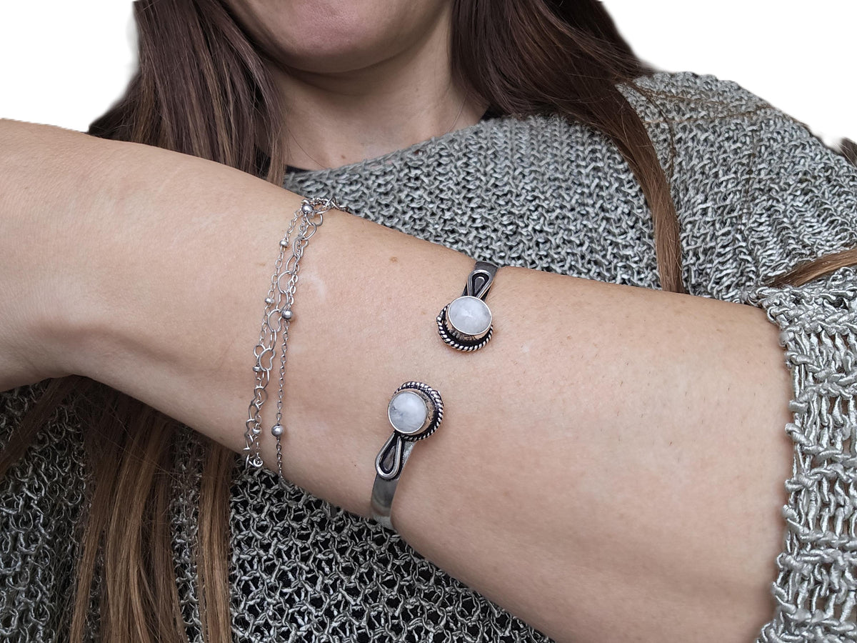Boho Moonstone 925 Sterling Silver Cuff Bracelet, Slim Filigree Bangle, Vintage Bohemian Jewellery, Gift for Her