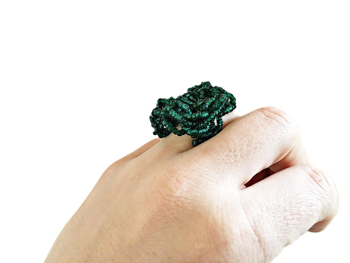 Dark Green Beaded Flower Ring – Emerald Handmade Statement Jewellery – Large Bohemian Floral Accessory