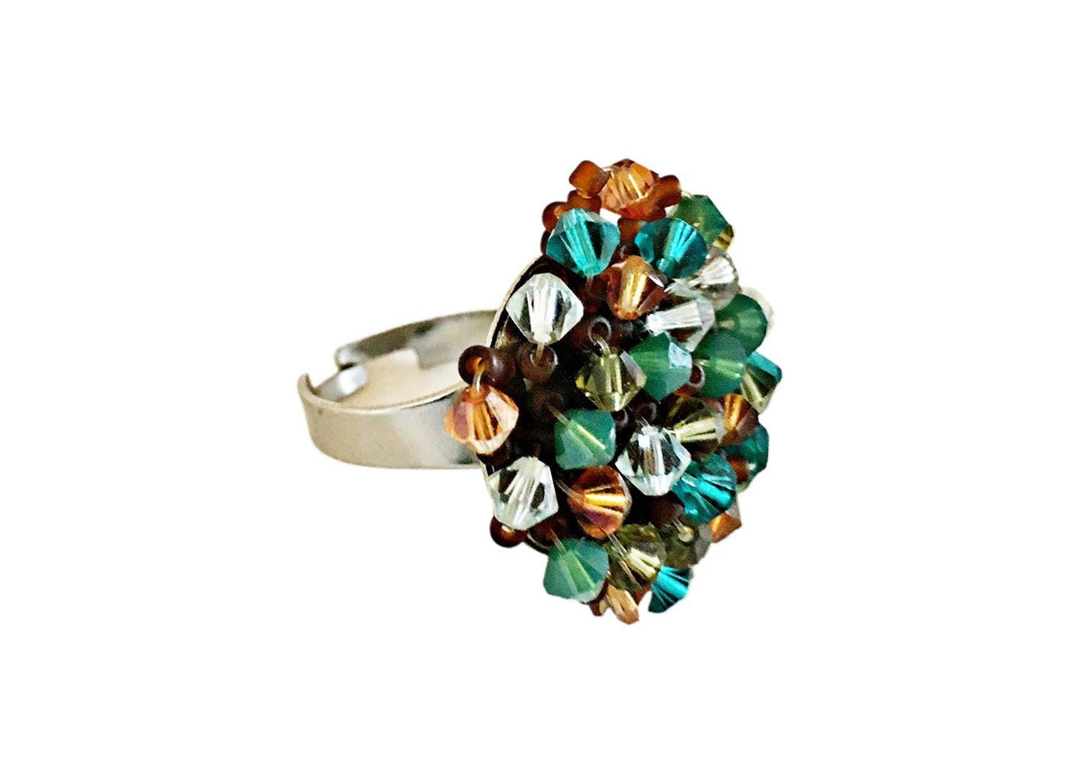 Multicoloured Beaded Statement Ring – Large Round Glass Bead Design – Adjustable Silver Band – Bohemian Artisan Jewellery