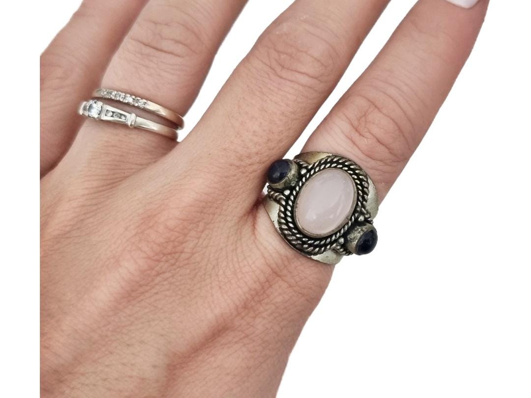 Vintage Silver Onyx Ring, Antique Afghan Jewellery, Boho Statement Crystal Stone Ring, Handmade Tibetan, Kuchi Turkmen Tribal Fashion