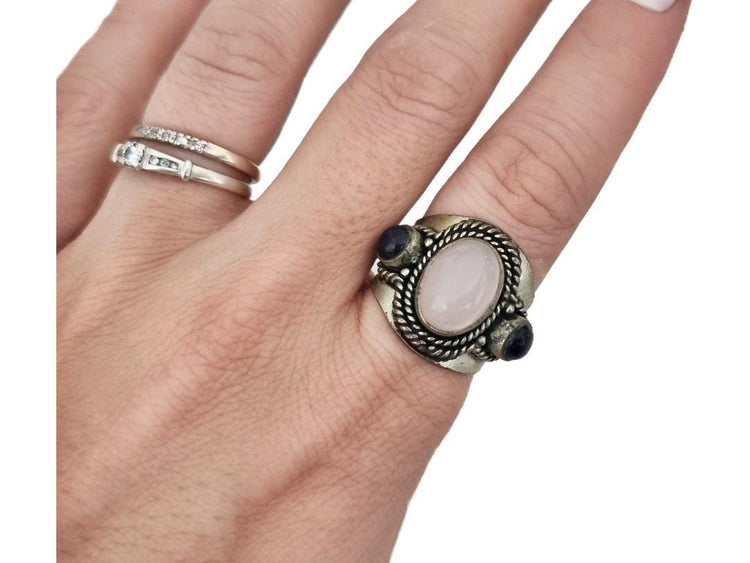 Vintage Silver Onyx Ring, Antique Afghan Jewellery, Boho Statement Crystal Stone Ring, Handmade Tibetan, Kuchi Turkmen Tribal Fashion