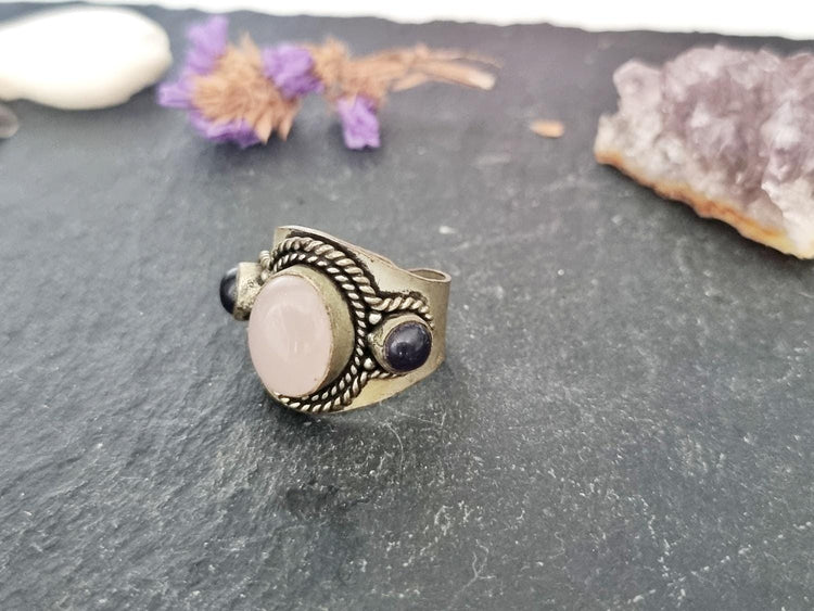 Vintage Silver Onyx Ring, Antique Afghan Jewellery, Boho Statement Crystal Stone Ring, Handmade Tibetan, Kuchi Turkmen Tribal Fashion