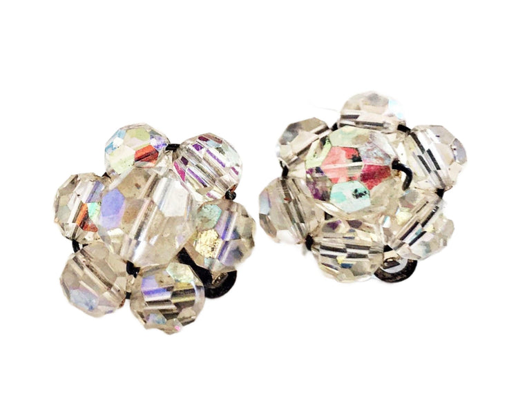 Retro Clear Crystal Clip On Earrings, Glass Round Floral Studs, 1950s Costume Jewellery, Elegant Jewelry Gift