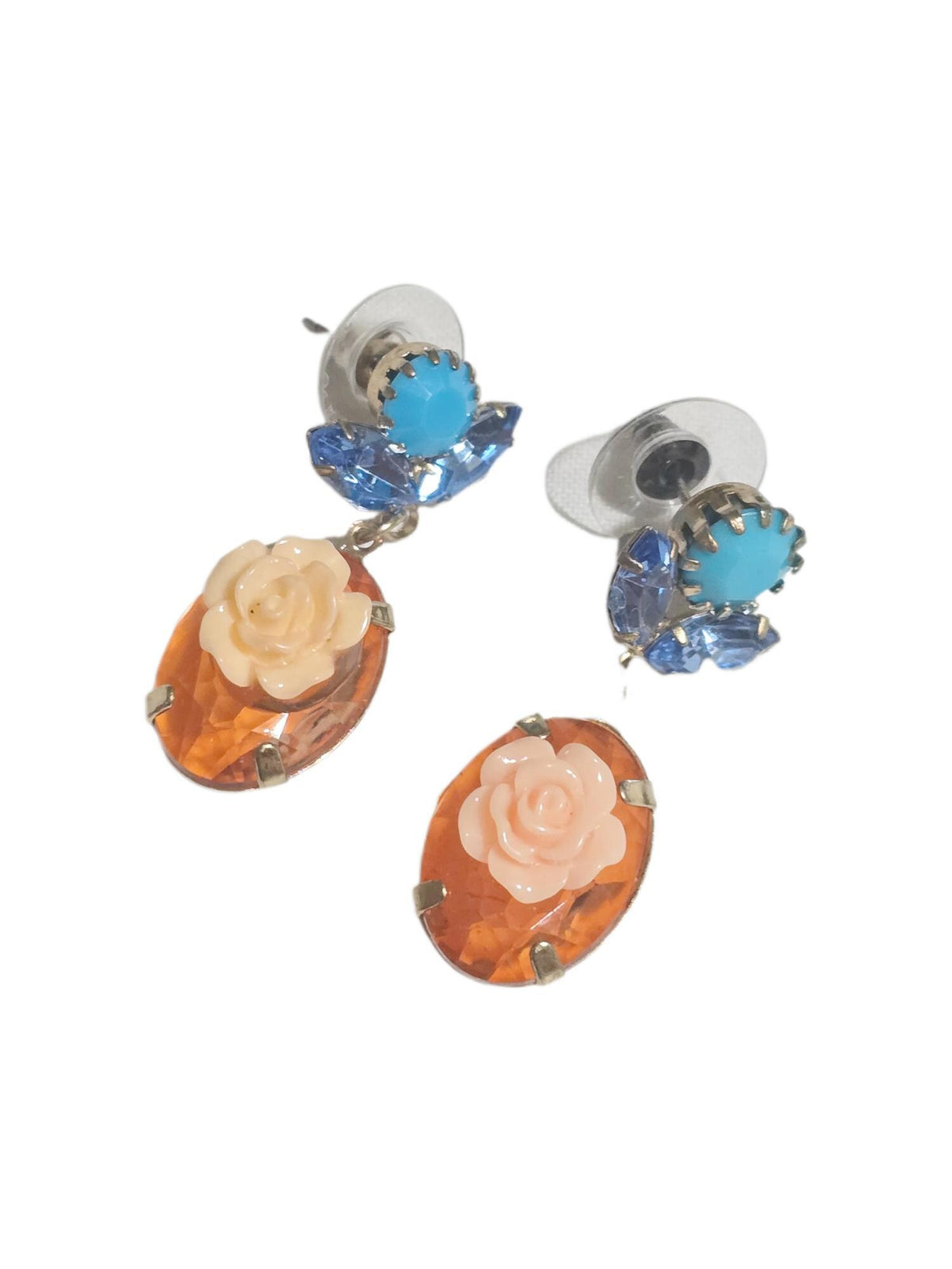 Vintage Floral Drop Earrings with Peach Rose Cabochons and Blue Crystal Accents, Boho Dangle Earrings, Elegant Jewellery
