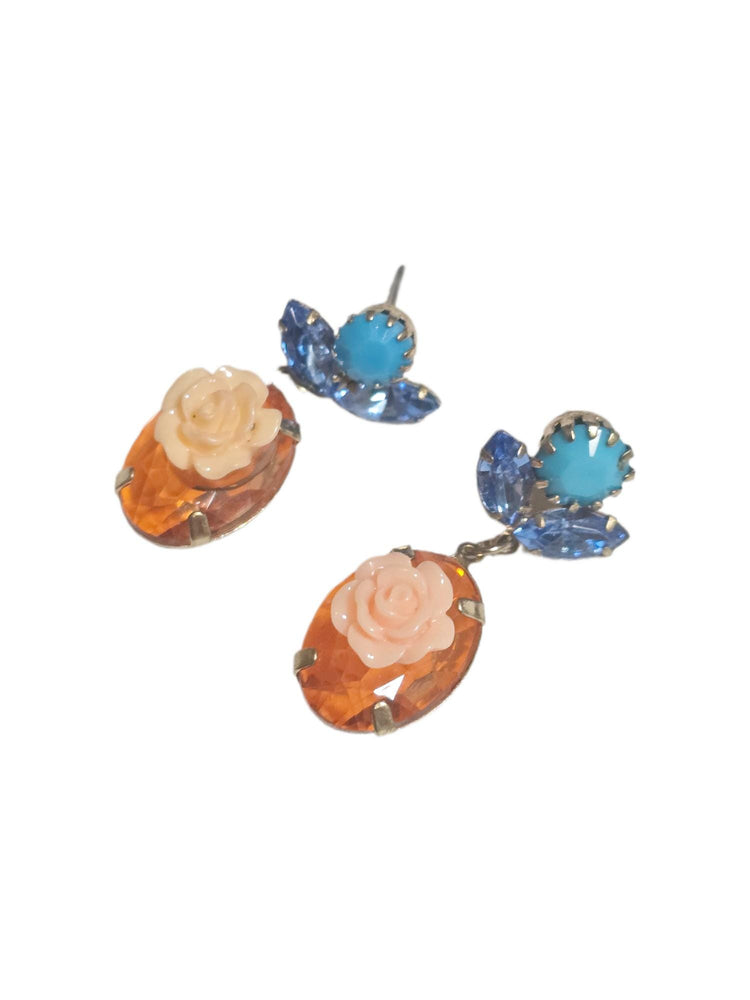 Vintage Floral Drop Earrings with Peach Rose Cabochons and Blue Crystal Accents, Boho Dangle Earrings, Elegant Jewellery
