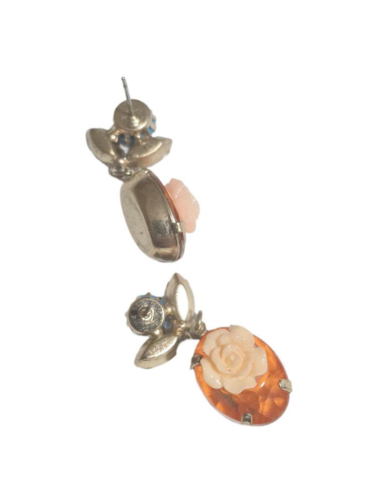 Vintage Floral Drop Earrings with Peach Rose Cabochons and Blue Crystal Accents, Boho Dangle Earrings, Elegant Jewellery