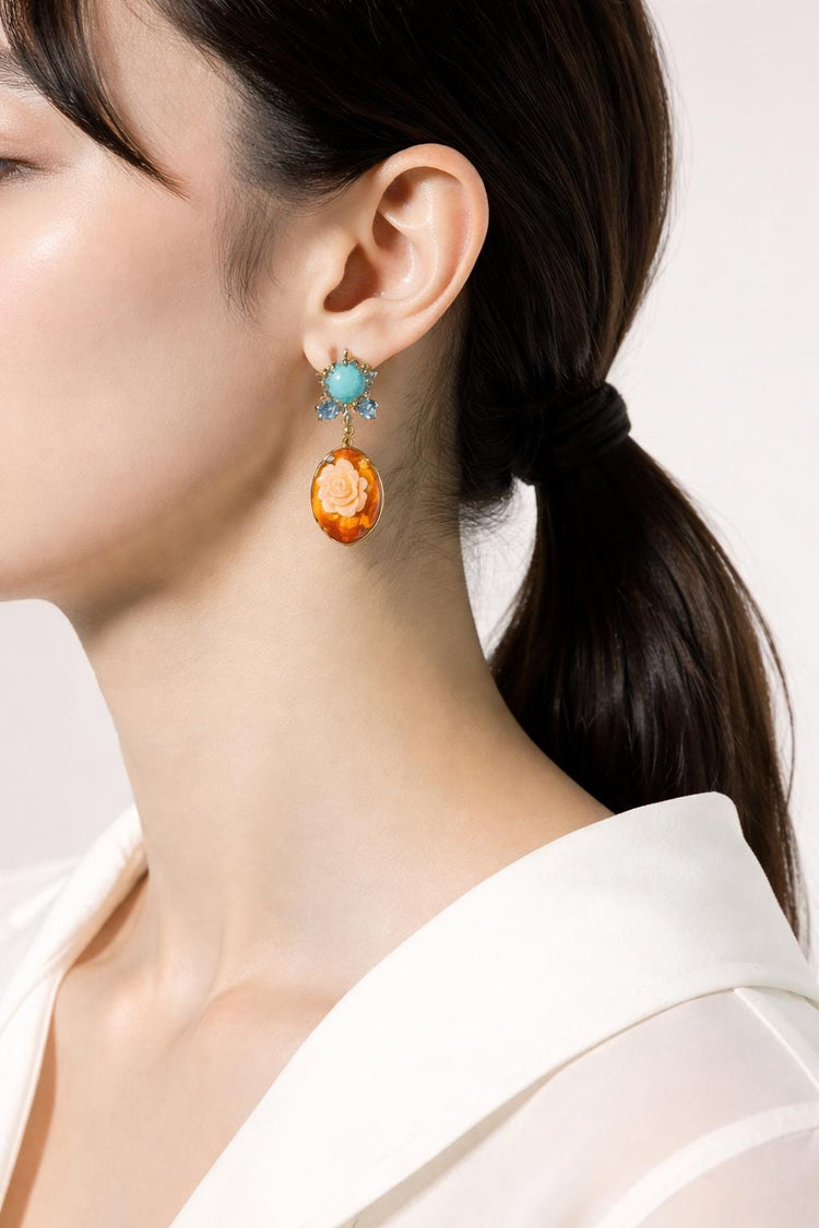 Vintage Floral Drop Earrings with Peach Rose Cabochons and Blue Crystal Accents, Boho Dangle Earrings, Elegant Jewellery