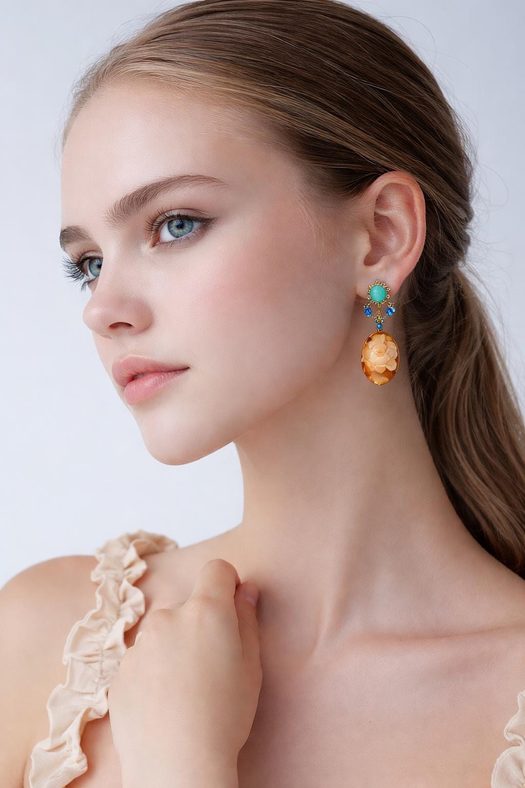 Vintage Floral Drop Earrings with Peach Rose Cabochons and Blue Crystal Accents, Boho Dangle Earrings, Elegant Jewellery