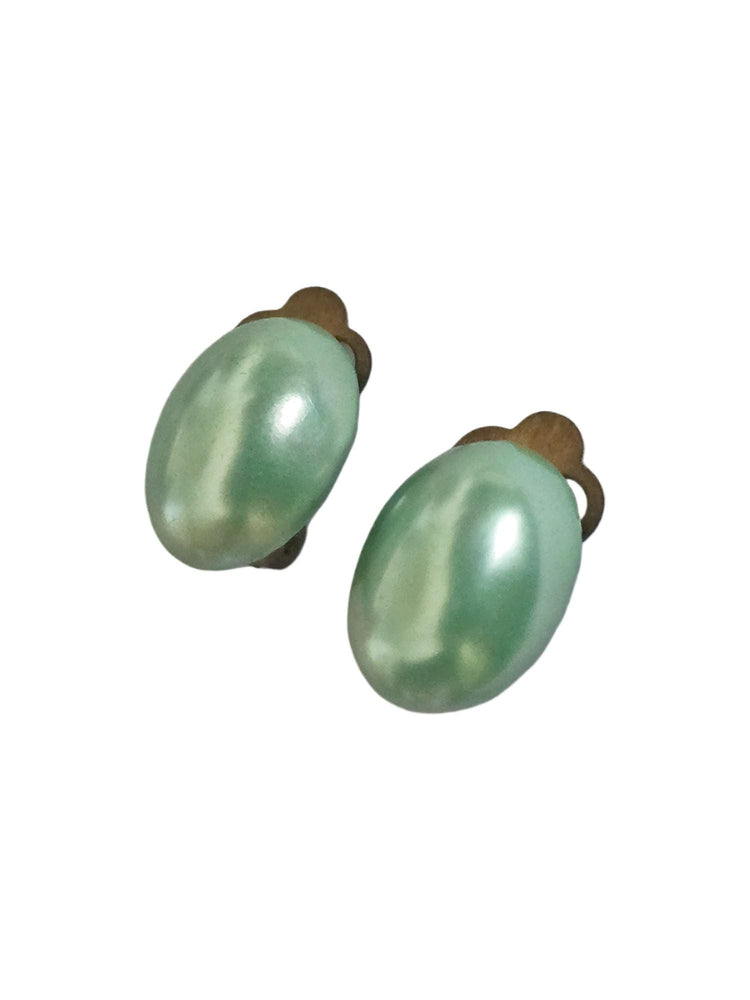 Vintage Green Clip On Earrings, Retro Jewellery Fashion, Oval Faux Stone Studs, 1950s Style Accessories, Minimalist Look