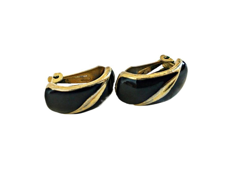 Vintage Gold & Black Enamel Clip On Earrings, 80s 90s Statement, Geometric Runway Jewellery