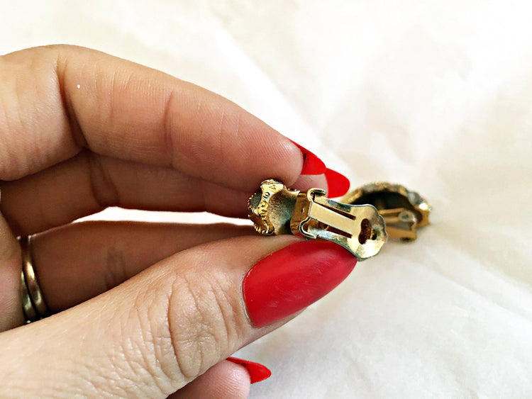 Gold Silver Enamel Clip On Earrings, Vintage Huggie Hoops, 1980s Geometric Statement Drop Earrings