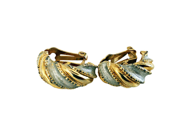 Gold Silver Enamel Clip On Earrings, Vintage Huggie Hoops, 1980s Geometric Statement Drop Earrings