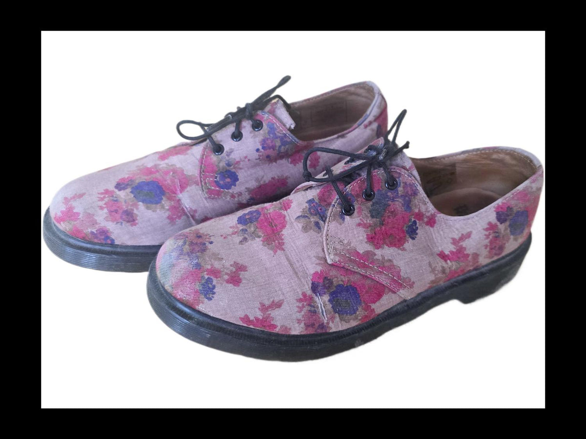 Floral Lace Up Shoes, Vintage Boho Footwear, Hippie Flower Boots, Leather Fabric Shoes, Retro 90s Style, EU 39 UK 6 US 8