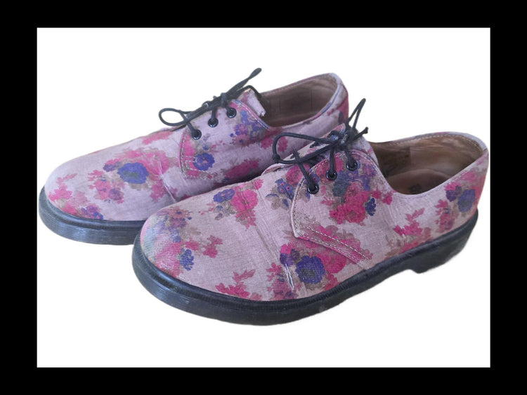 Floral Lace Up Shoes, Vintage Boho Footwear, Hippie Flower Boots, Leather Fabric Shoes, Retro 90s Style, EU 39 UK 6 US 8