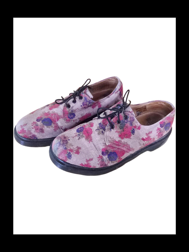 Floral Lace Up Shoes, Vintage Boho Footwear, Hippie Flower Boots, Leather Fabric Shoes, Retro 90s Style, EU 39 UK 6 US 8